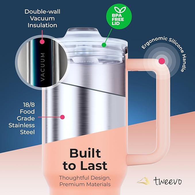 40 oz Tumbler With Handle and Straw Made of Stainless Steel - Double Wall Vacuum Insulated Tumbler With Lid - Sweat Proof Easy Grip, BPA-Free, Dishwasher Safe Tumbler (Peach) - Bloomnest