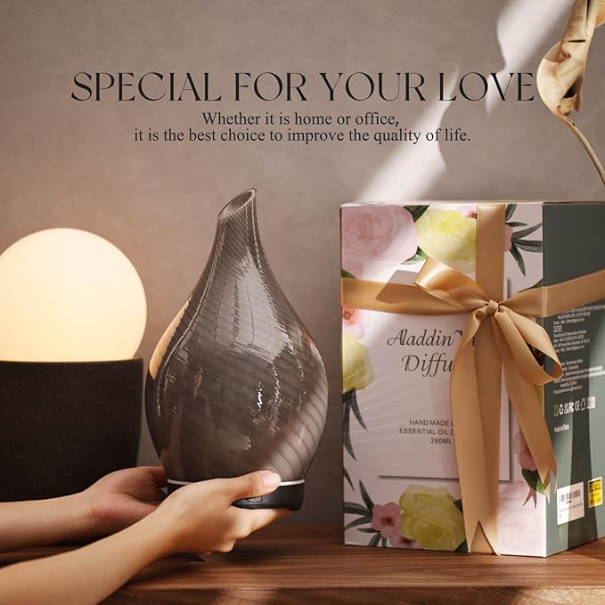 Porseme 280ml Essential Oil Diffuser Glass Color Changing Aroma Air Diffusers Aromatherapy Ultrasonic Cool Mist Humidifier 7 Running Hours Waterless Auto-Off for Sleeping, Yoga, Office (Pure Grey) Porseme