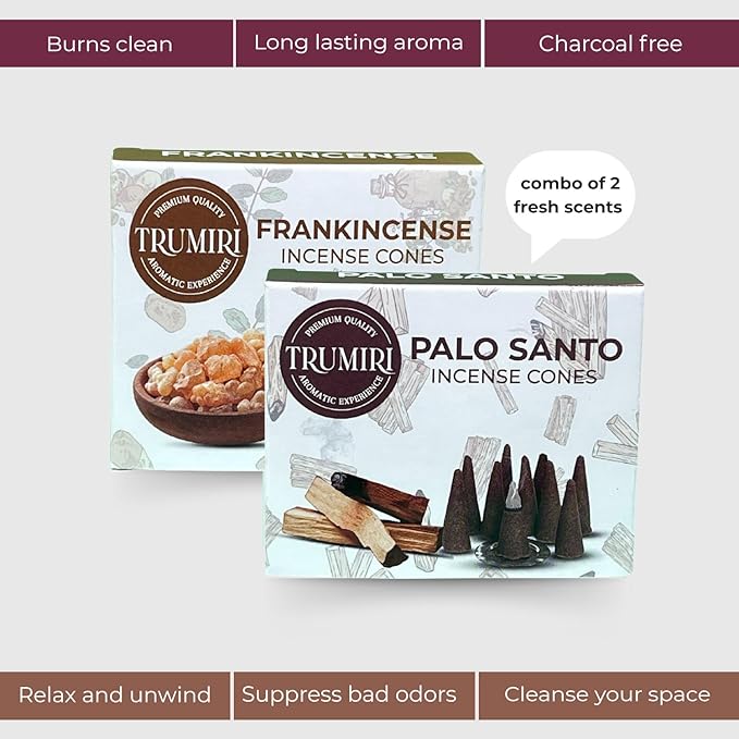 TRUMIRI Incense Cones - Combo Pack of 20 Cone Incense - 10 Frankincense + 10 Palo Santo - Insence Cones - Incense Cones Scented - Cone Incense Scents - Insense Cones - Incent Cone TRUMIRI
