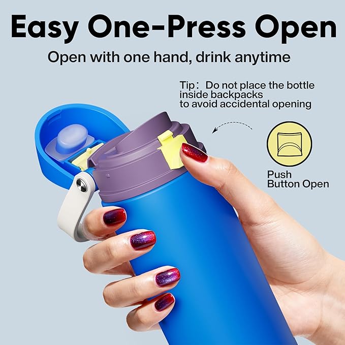 Insulated Water Bottle with Straw - Encool Stainless Steel Water Bottle with Push Button Lid, Leak-Proof & BPA-Free, Keeps Cold for 24 Hours for Sports, Travel, Gym (24 oz, Sapphire) ENCOOL