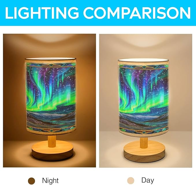 Northern Lights Table Lamp LED 3-Color Pressed Bedside for Merry Christmas, Northern Lights Shade Christmas Table Lamp with Wood Base for Bedroom Living Room Desk Office - Bloomnest