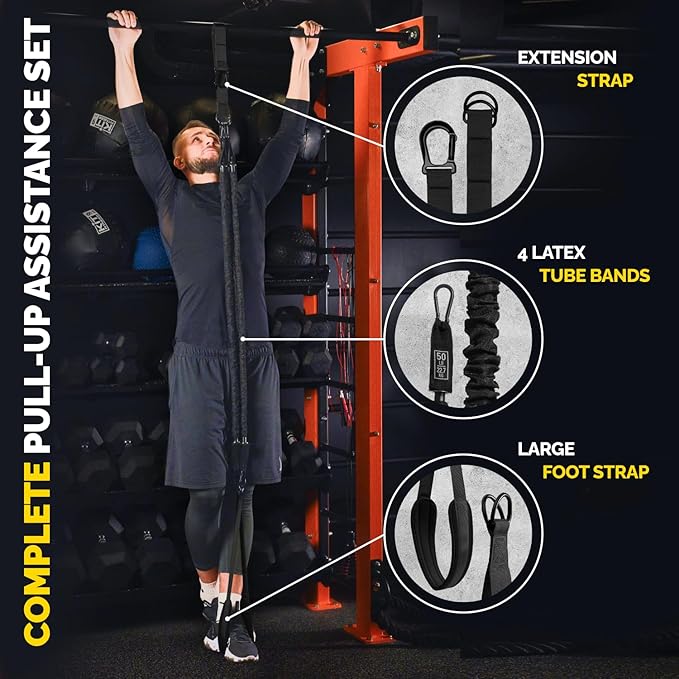 Pull Up Assistance Bands Set - 4 Heavy-Duty Pull Up Bands, Height Adjustable Strap & Comfortable Foot Strap - Stackable Pull Up Resistance Bands for Pull Ups - Bloomnest
