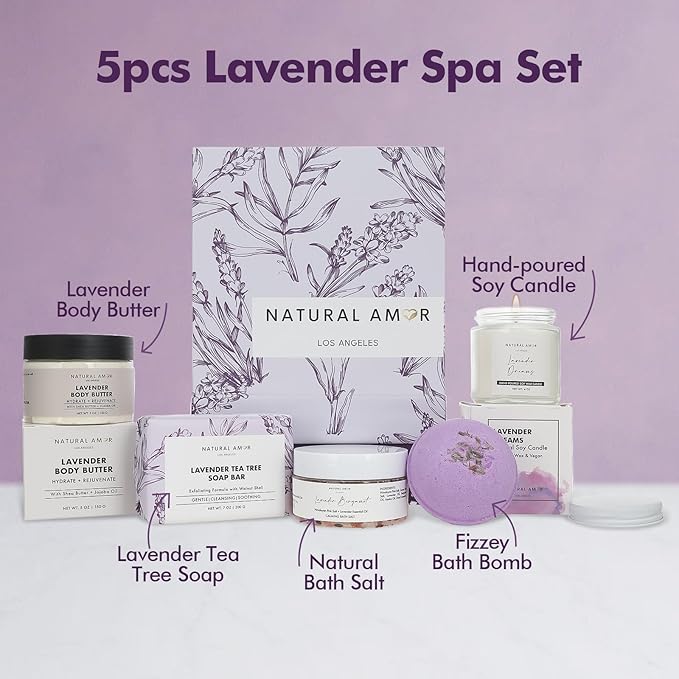 Natural Amor 5-Piece Lavender Spa Gift Set – Bath Bomb, Body Butter, Bar Soap, Bath Salt, Candle – Relaxing Self Care Kit for Women – Gift Box for Birthday, Thank You, Get Well - Bloomnest