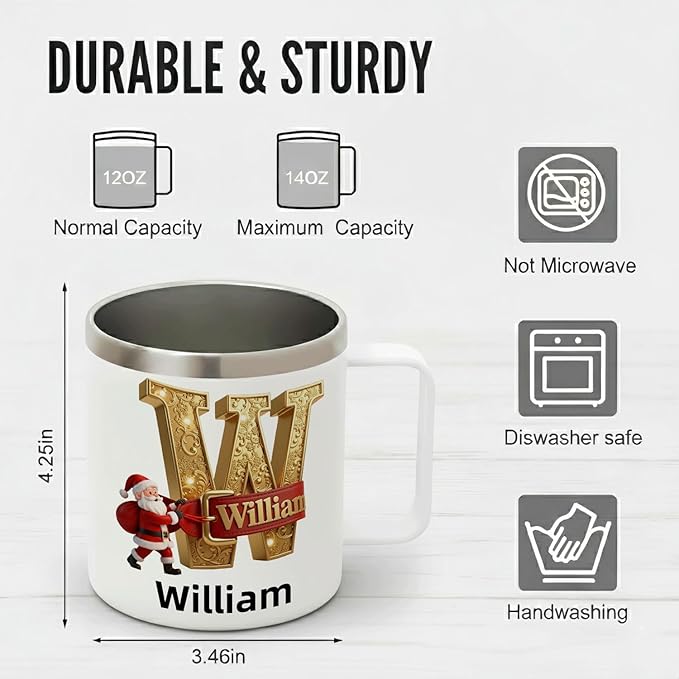 Personalized Christmas Mug | Custom Elegant Gold Initial Insulated Coffee Cup with Handle & Lid | 12oz Holiday Tumbler, Unique Santa Gift for Women & Family (B32) - Bloomnest
