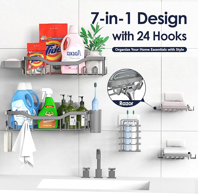 Shower Caddy Adhesive Shower Organizer 7-Pack, Rustproof Stainless Steel Bathroom Shelves, Large Capacity No-Drill Rack Storage Accessories with Soap Dish Toothbrush Holder Hooks - Bloomnest