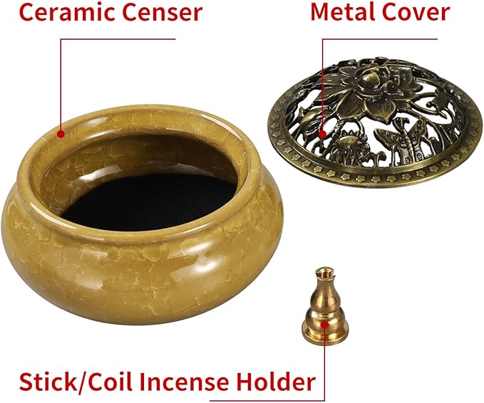 Incense Burner and Cone Incense Holder with Calabash Incense Stick Holder Ceramic Ash Catcher Yellow - Bloomnest