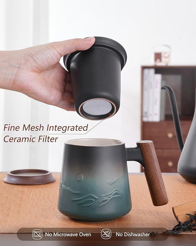 ZENS Embossed Ceramic Tea Mug with Infuser and Lid, 14.5 oz Wooden Handle, Loose Leaf Tea Steeper Cup & Strainer for Tea Lovers Gifts