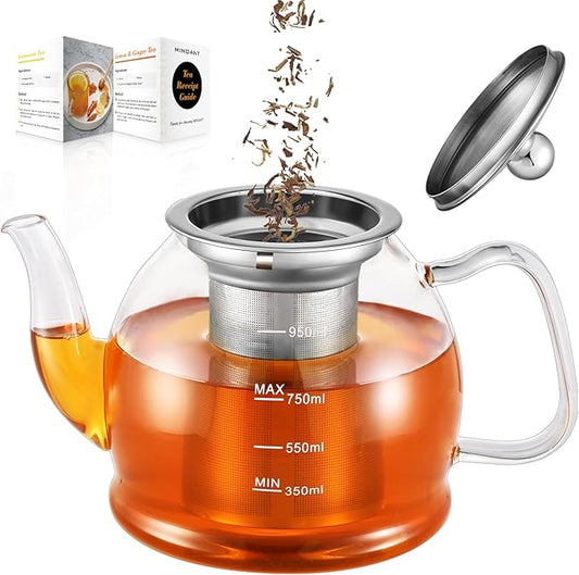 Glass Teapot, 33oz / 1000ml Teapot with Removable Infuser, Clear Tea Pot for Loose Leaf Tea and Blooming Tea, Stovetop Safe Glass Tea Kettle with Scale Line and Tea Brewer Guide