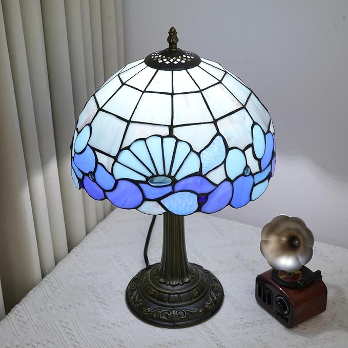 Blue Sea Style Stained Glass Table Lamps Shell Tiffany Lamp Bedroom Bedside Living Room Aesthetic Vintage Accent Farmhouse Night Light for End Table Office Nightstand End Table Desk Reding 12X19 Inch - Bloomnest