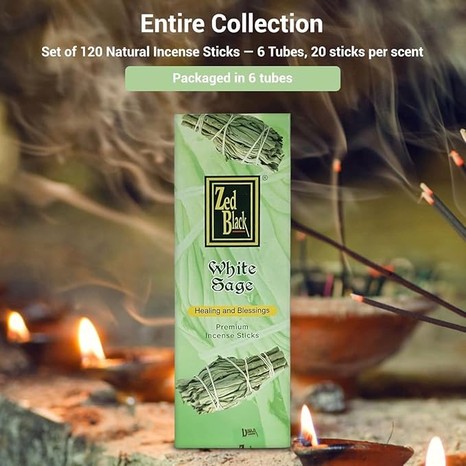Zed Black White Sage Incense – 20 Sticks Hand Rolled Sticks | Premium Aromatherapy Incense for Relaxation, Stress Relief, Prayer & Spiritual Rituals.