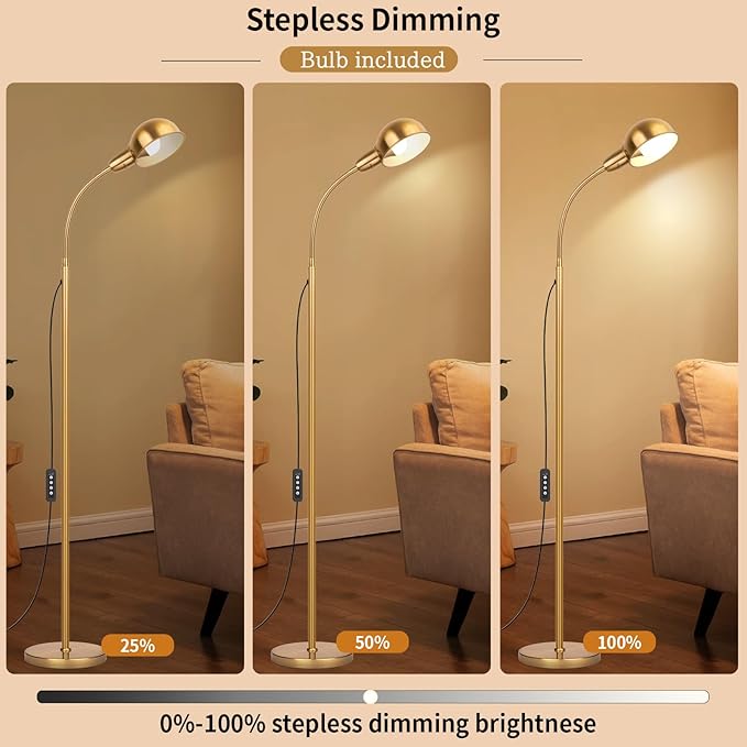 Gold Floor Lamp with Flexible Gooseneck and Rotatable Shade，Standing Lamp Include Dimmer LED Bulb，Ideal Tall Lamp with Dimmer and Timer Switch for Reading,Bedside and Living Room (Gold) - Bloomnest