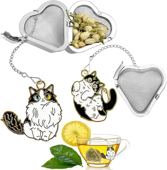 2 Pack Tea infusers, loose tea strainer, Heart shaped tea ball + cute animal pendant, reusable tea steeper makes afternoon tea meaningful (Cat, 2PCS) - Bloomnest