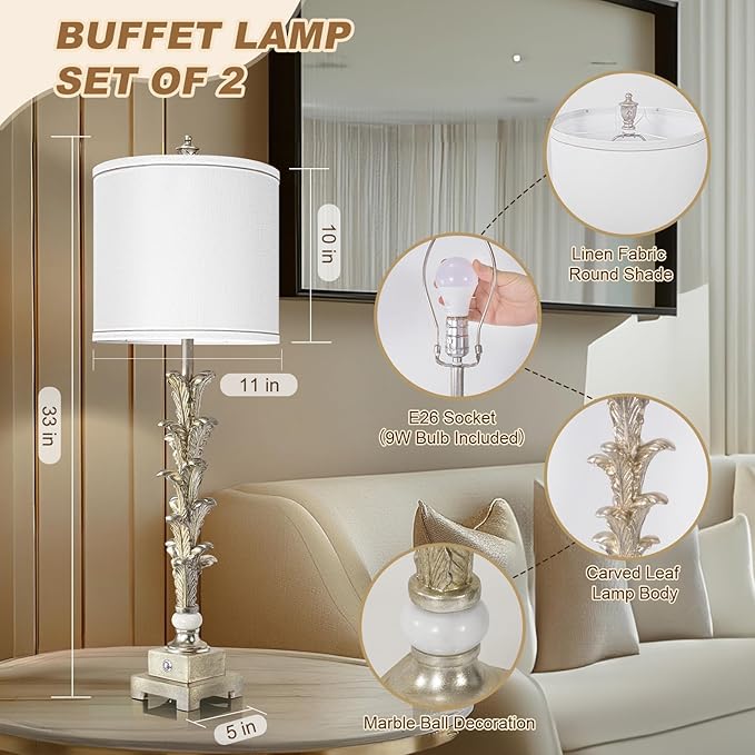 33'' Touch Control Table Lamp Set of 2, 3-Way Dimmable Buffet Lamps with USB A+C Ports and White Shade, Silver Leaf Finish Nightstand Lamps for Living Room Bedroom Office Study Dinning (Bulb Included) - Bloomnest