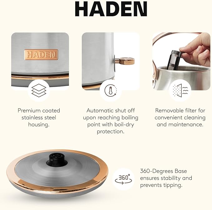 Haden Heritage 1.7 Liter Stainless Steel Electric Kettle, Hot Water Kettle with 360-Degree Base and Auto Shutoff, Steel & Copper - Bloomnest