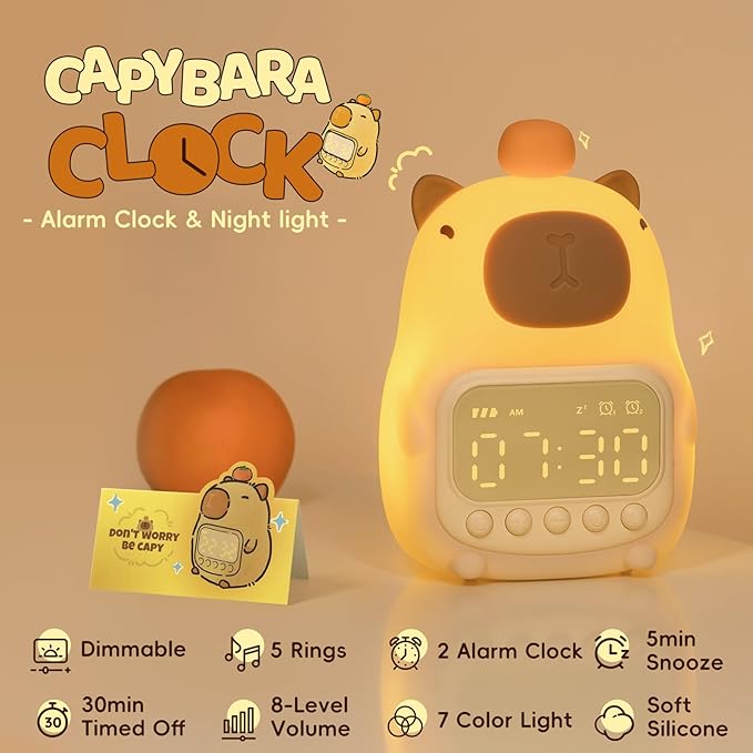 Capybara Alarm Clock with Night Light for Kids, Cute Toddler Alarm Clocks for Bedrooms Ok to Wake Clocks for Girls and Boys, Silicone Animal Tabletop Lamp for Kid, RGB Color - Bloomnest
