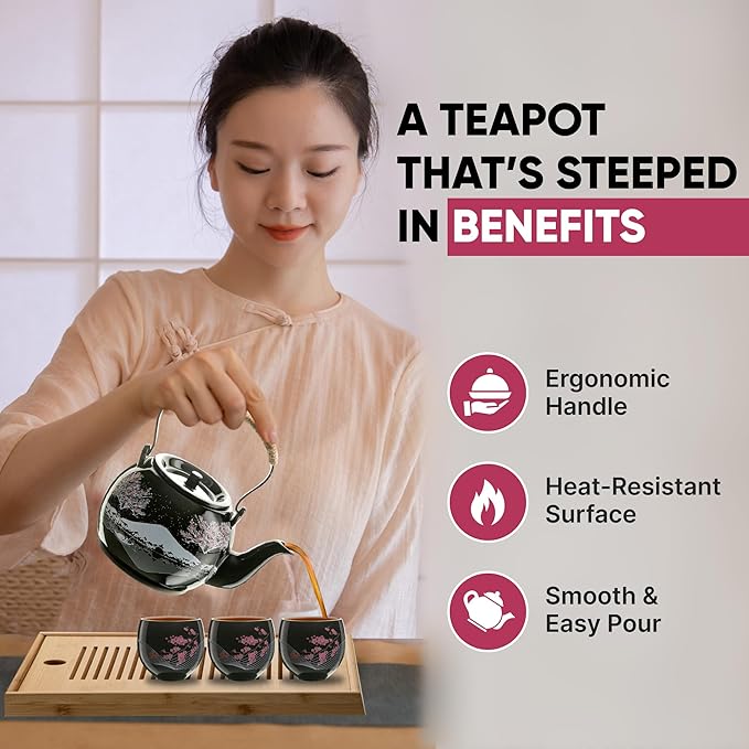 Traditional Japanese Tea Set - Ceramic Tea Set with Teapot, 6 Tea Cups, 1 Bamboo Tea Tray & Storage Gift Bag for Travel, Home or Outdoor, Tea Sets for Adults with Teapot and Tray, Men or Women | 茶具 - Bloomnest