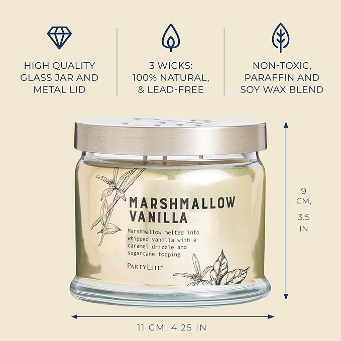 PartyLite Marshmallow Vanilla Scented with Caramel & Sugarcane Notes, 13.2oz 3-Wick Jar Candle, 45 Hour Burn Time, Luxurious Fragrance, Ideal for Gifting - Bloomnest