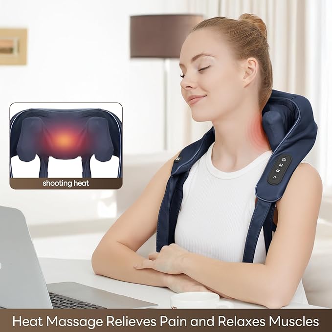 Neck Massager with Heat for Pain Relief Deep Tissue,6D Shiatsu Kneading Massage,Cordless Rechargeable for Neck,Shoulder,Gifts for Mom/Dad(PU-Dark Blue)