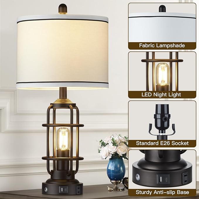 Modern Table Lamps, Industrial 3-Way Dimmable Bedside Lamp with USB A+C Ports & AC Outlet, Touch Control Rustic Nightstand Lamp LED Night Light for Living Room Bedroom Decor Home(4 Bulbs Included) - Bloomnest