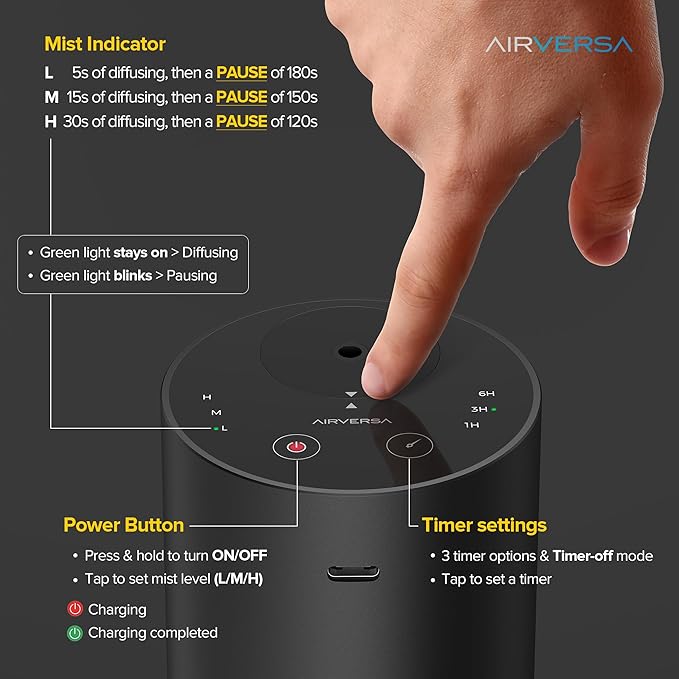 Airversa Waterless Essential Oil Diffuser Starter Kit with 30mL Sandal Lux Fragrance Oil for Car Home Office,Premium Aluminum Housing, Up to 600 sq ft, Aroma Nebulizer Baterry Operated, ADX Kit Black - Bloomnest
