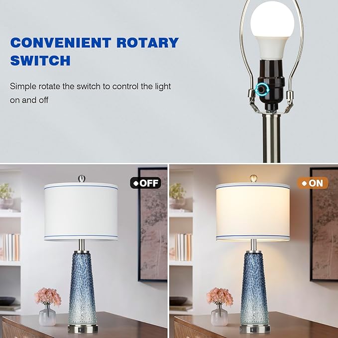 Coastal Glass Table Lamps for Living Room, 26" Table Lamps with USB A+C Ports & AC Outlet, Touch Control Bedside Nightstand Lamp with Crystal Night Light for End Table Office Desk Blue(Bulbs Included) - Bloomnest