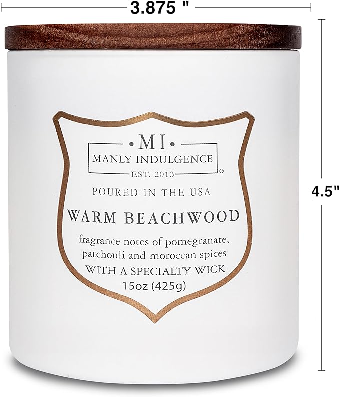 Manly Indulgence Warm Beachwood Scented Candles for Men, 15 oz Wooden Wick, Premium Soy Blend Wax, 60H Burn, Candles for Home Scented - Made in The USA - Bloomnest