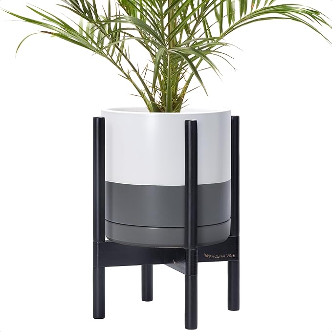 D'vine Dev Ceramic Planter with Ebony Stand - 10 Inch Modern Round Flower Pot with Wood Planter Holder, White/Grey, 55-B-L-6 - Bloomnest