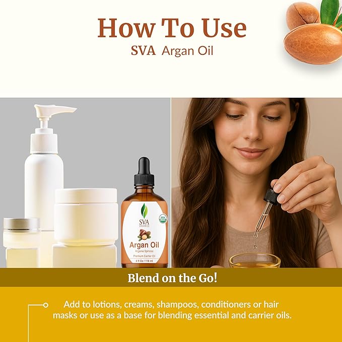 SVA Argan Oil Organic - 4 Fl Oz – 100% Natural Cold Pressed Organic Argan Oil - for Face, Skin Care, Hair Care, Scalp Massage & Body Massage – Carrier Oil with Dropper - Bloomnest