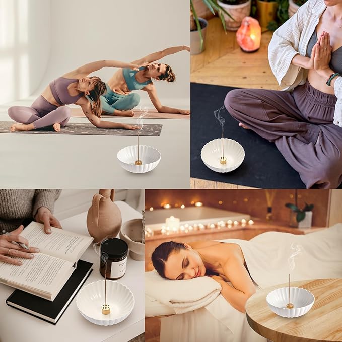 Incense Holder for Sticks, Ceramic Smudge Bowl Ash Catcher for Incense, Cones, Sage and Palo Santo, Incense Burner Holder Ideal for Smudging, Incense Burning, Decoration (White) - Bloomnest