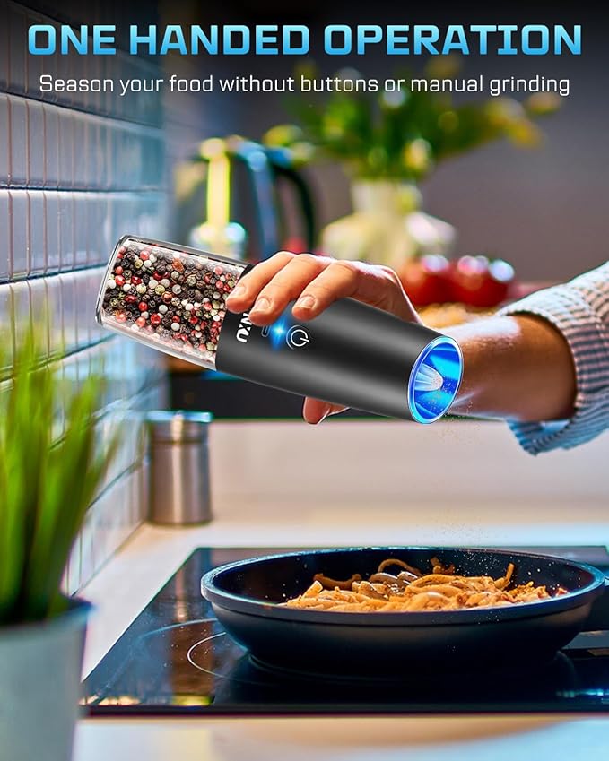XinXu Gravity Electric Pepper and Salt Grinder Set, Adjustable Coarseness, with LED Light, One Hand Automatic Operation (Rechargeable Set/Black X) - Bloomnest