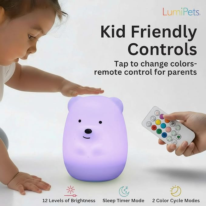Lumipets Benny The Bear Squishy Silicone Night Light for Kids | Cute Night Light with Remote & Touch Control for Girls & Boys | 9 Color Changing Soft Portable Animal Lamp Comes with USB Cord - Bloomnest