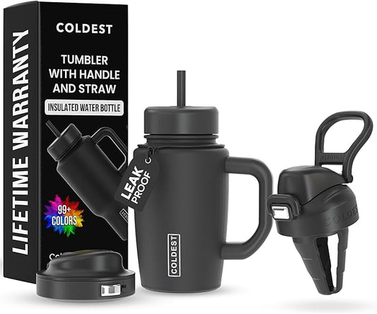 Coldest Tumbler with Handle and Coffee Lid - 100% Spill Proof Tumbler with Straw (3 Lids) - Stainless Steel Insulated Leakproof Tumblers for Women & Men - Cup Holder Friendly - 15 oz (Stealth Black) - Bloomnest
