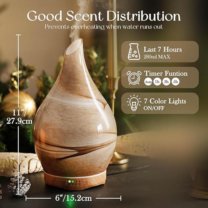 Porseme 280ml Essential Oil Diffuser Glass Color Changing Aroma Air Diffusers Aromatherapy Ultrasonic Cool Mist Humidifier 7 Running Hours Waterless Auto-Off for Sleeping, Yoga, Office, Spa (Desert) - Bloomnest