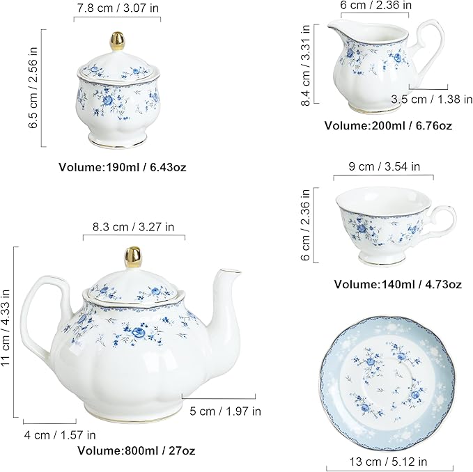 fanquare 15 Piece Blue Rose Porcelain Tea Set, British Floral Teapot with Tea Cups, Women Tea Party Set for 6 - Bloomnest