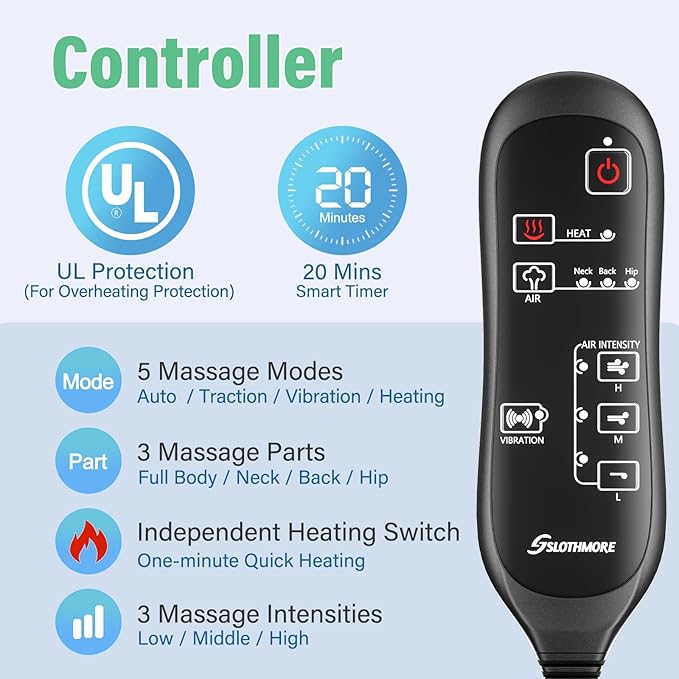 comrelax Back Massager with Heat & Traction & Vibration, Chair Massager Pad for Office Home, Seat Massage for Pain Relief Deep Tissue, Lumbar Traction, PU Leather, Foldable, for 5’1” to 6’1” - Bloomnest
