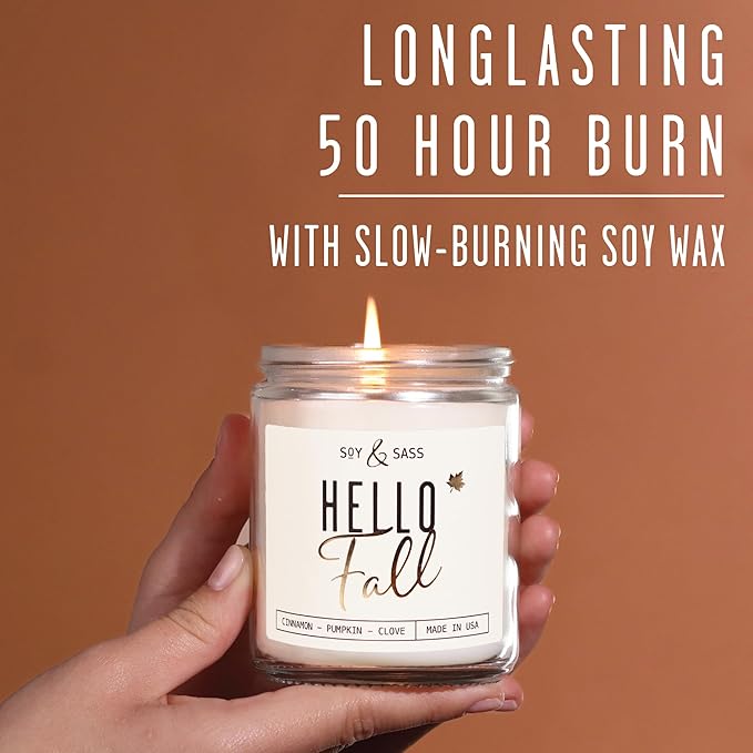 Fall Candles - 'Hello Fall Scented Candle' w/Cinnamon, Pumpkin & Fir I Infused with Essential Oils Autumn Scented Soy Candles for Home Décor, 9oz Reusable Jar, 50Hr Burn, Made in USA - Bloomnest