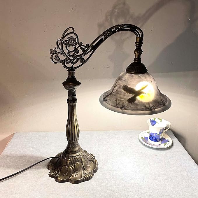 Bieye L13006 Hand-Painted Raven Table Lamp, Bridge Arm Desk Lamp with Adjustable Shade for Halloween Home Decor (Dark Blue, 21.7" H Bridge Arm)