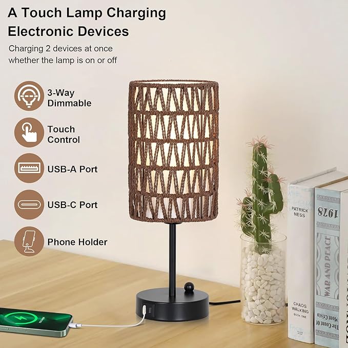 Bedside Lamps Set of 2, Touch Control Night Stand Lamp for Bedroom with Rattan & Linen Shade & Bulbs, 3 Way Dimmable Small Boho Table Lamps with USB Charging Port & Phone Stand (Coffee Color) - Bloomnest