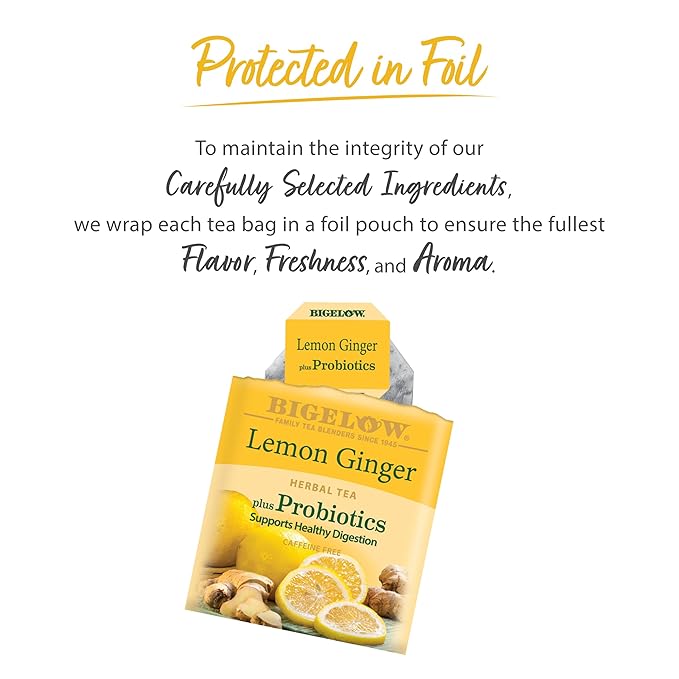 Bigelow Tea Lemon Ginger plus Probiotics Herbal Tea, Caffeine Free Tea with Lemon and Ginger, 18 Count Box (Pack of 6), 108 Total Tea Bags - Bloomnest
