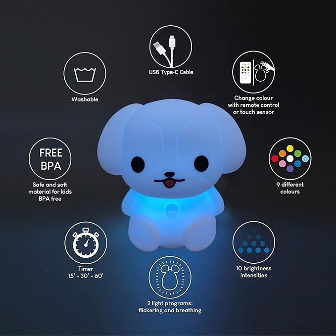 Night Lights Dog Silicone Bedside lamp for Children, Baby Nursery Light Decorative Lamps Decompression Light - Break Resistant/Eye Caring/Adjustable Brightness & Color/Time Setting - Medium - Bloomnest