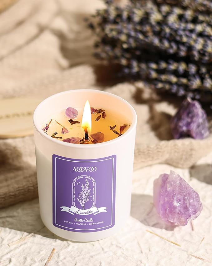 AOOVOO Lavender Candles Set for Women - 4 Pack Candles for Home Scented, 28 oz 200 Hour Long Lasting Aromatherapy Candle with Crystals Inside, Birthday Gifts Christmas Candle for Women Mom - Bloomnest