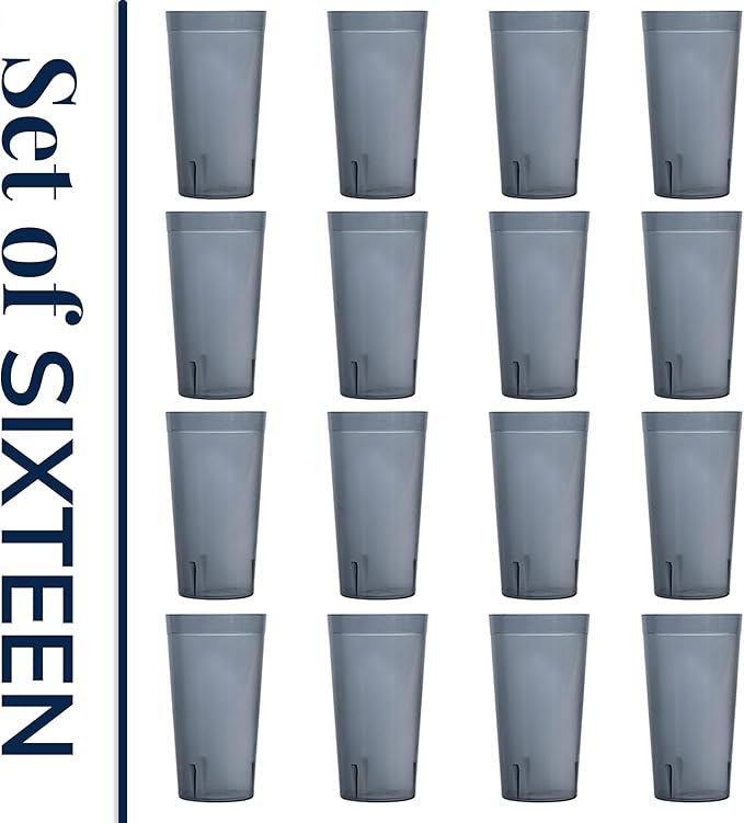 US Acrylic Cafe Plastic Reusable Tumblers (Set of 16) 20-ounce Water Cups in Grey | Value Set of Restaurant Style Drinking Glasses, Stackable, BPA-free, Made in the USA | Top-rack Dishwasher Safe - Bloomnest