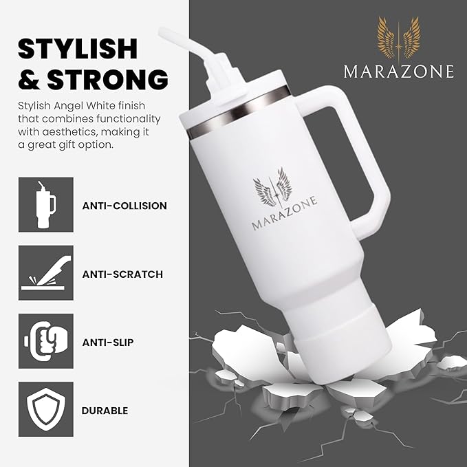 40 oz Insulated Tumbler with Handle and Straw - Stainless Steel Double Wall Vacuum Cup, Car Cup Holder Compatible Hot Cold Travel Mug, BPA Free Reusable Water Bottle for Women Men, Pure white - Bloomnest