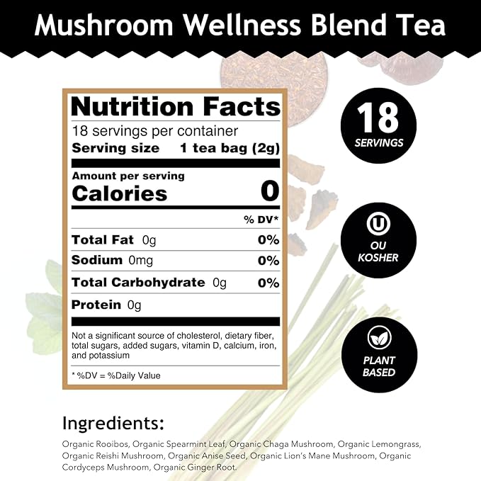 Buddha Teas - Organic Mushroom Wellness Blend - Herbal Tea - For Health & Wellbeing - With Antioxidants & Minerals - Clean Ingredients - Caffeine Free - OU Kosher & Non-GMO - 18 Tea Bags (Pack of 1). - Bloomnest