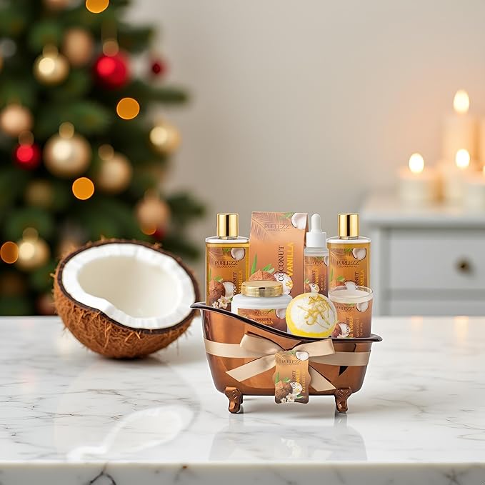 Spa Gift Basket for Women, Coconut & Vanilla Luxury Home Spa Kit, 8pcs Bath Gift Set, Birthday Gift for Women Unique with Bath Bombs, Scented Candle, Body Lotion, Spa Bath Sets for men Gift - Bloomnest
