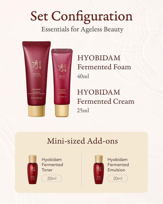 Sooryehan Hyobidam Fermented Travel Kit (Pack of 4) - Herbal korean skincare set with Toner, Emulsion, Cream & Cleansing Foam, featuring Baekhyodan™ & Silver Mushroom. for hydration & elasticity. - Bloomnest