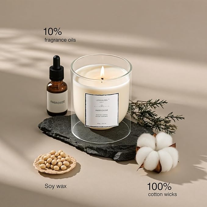 Scented Candles by LUNAAURA | Ambroxide - Amber, Labdanum, Sandalwood, Musk, Patchouli | Aromatic Candle for Relaxation & Meditation | Long-Lasting 65 Hour Burn Time & Clean Burn(10.6 oz) - Bloomnest