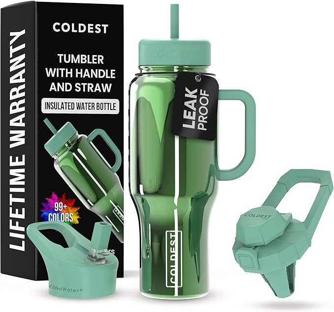 Coldest Tumbler with Handle and Straw - 100% Spill Proof Tumbler with Straw (3 Lids) - Stainless Steel Insulated Leakproof Tumblers for Women & Men - 36 oz (Avocado Reflections) - Bloomnest