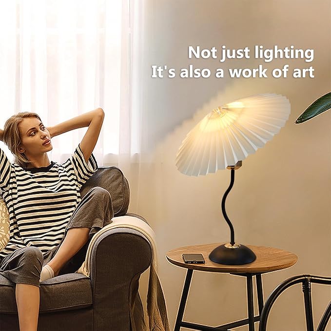 Arts Bedside Table Lamp for Bedroom, Cute Small Pleated Lamps for Nightstand, Vintage Lamp with Umbrella Shade, Decor Desk Reading Lamps for Living Room Kids Room Dorm Office with E26 LED Bulb - Bloomnest