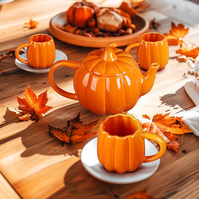 Mimorou Thanksgiving Pumpkin Tea Set Ceramic Teapot with 2 Mugs and Tea Mug Orange Ceramic Pumpkin Shaped Teapot Set for Thanksgiving Halloween Christmas Birthday Gift - Bloomnest